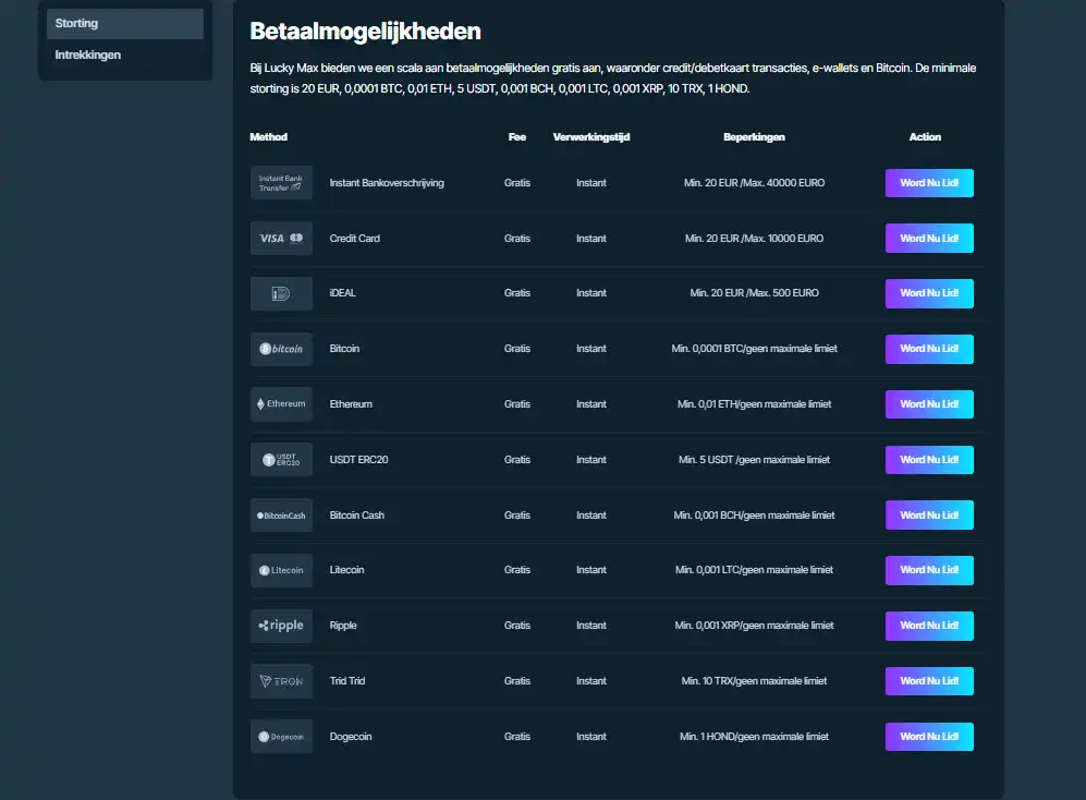 Officiële Lucky Max betaalpagina met iDEAL in EUR en andere stortingsmethoden