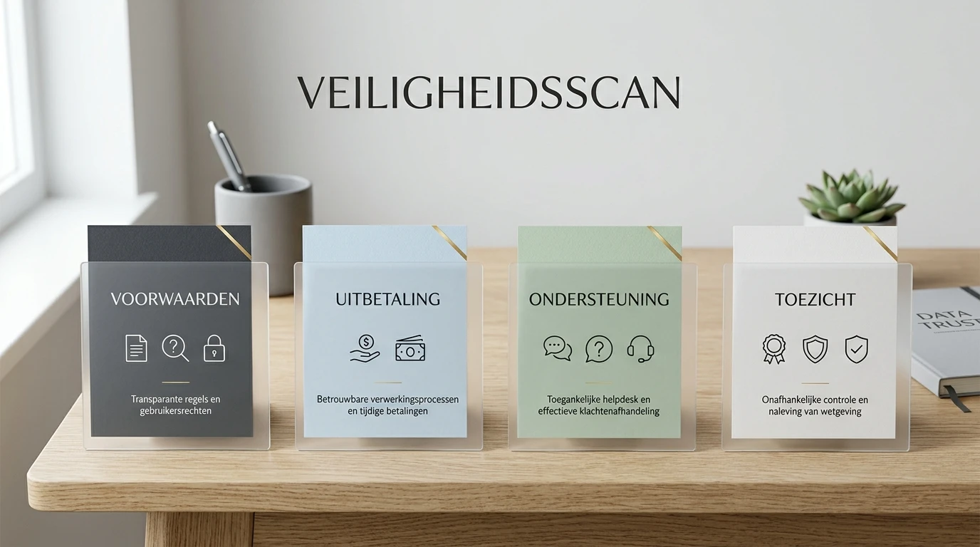 Redactionele checklist voor betrouwbaarheid met voorwaarden, uitbetaling, support en regulering