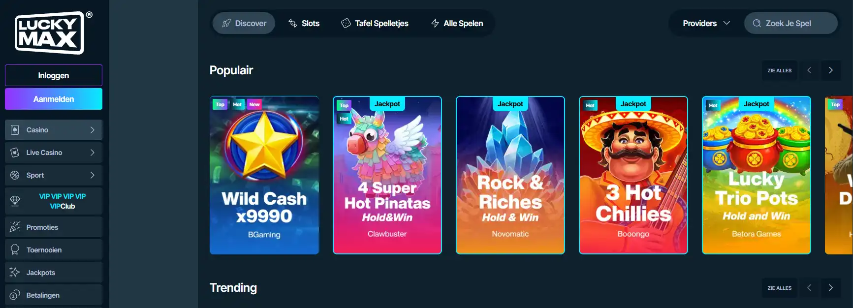Lucky Max spellencatalogus met categorieën en providerfilter