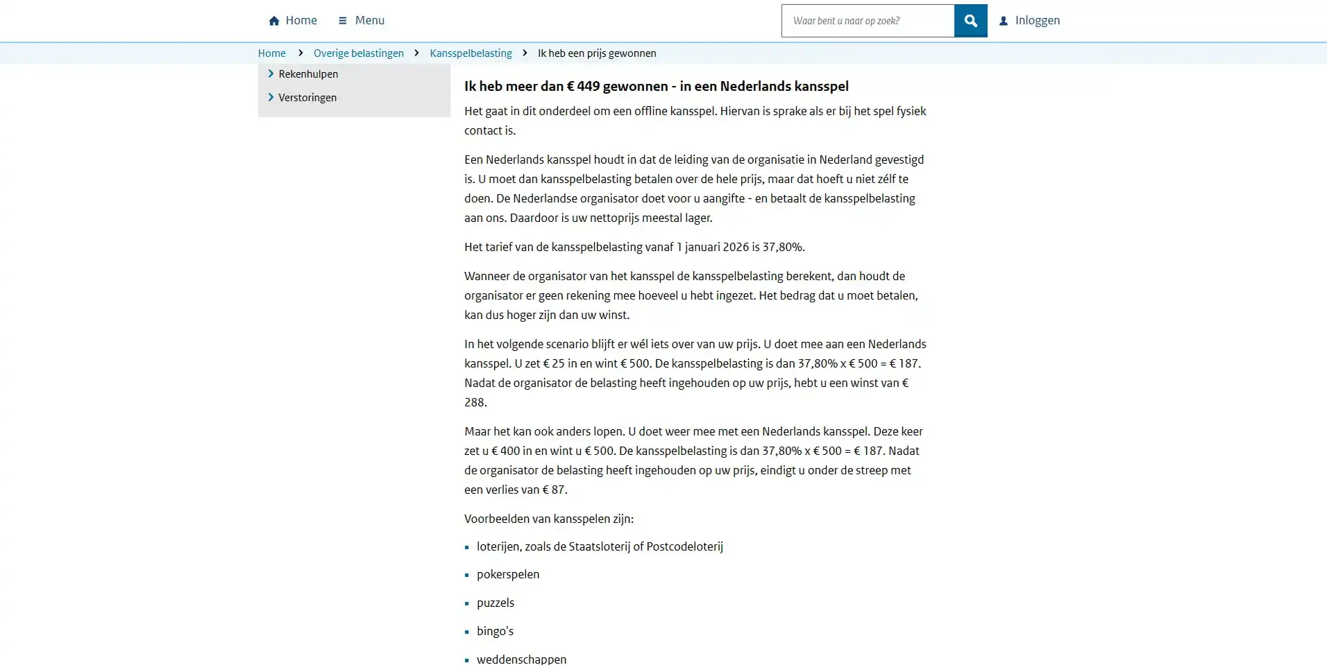 Belastingdienst-pagina over kansspelbelasting bij online kansspelen zonder Nederlandse vergunning