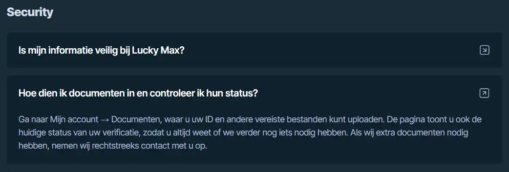 Lucky Max voorwaarden met bepalingen over identiteitscontrole en KYC-documenten