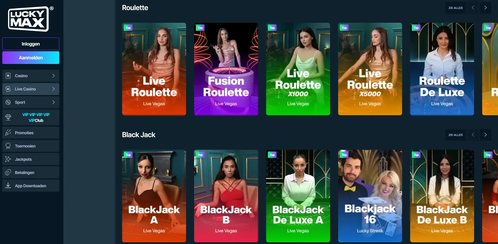 Lucky Max live-casino catalogus met roulette, blackjack en baccarat