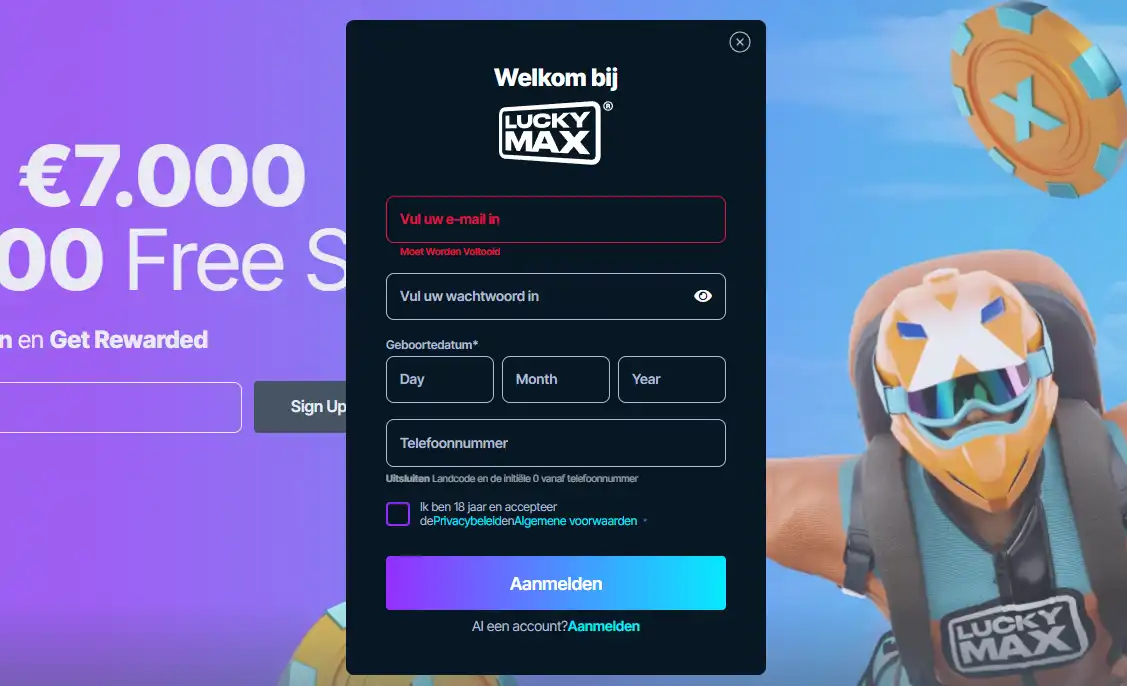 Officiële Lucky Max registratie-interface voor het openen van een account