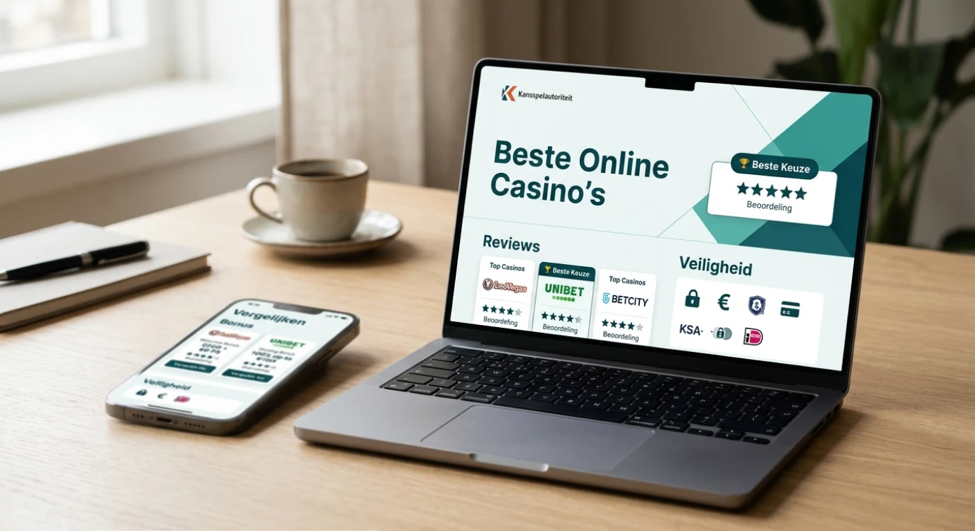 Redactionele illustratie van een casino-overzicht met eurobetalingen en beoordelingssymbolen
