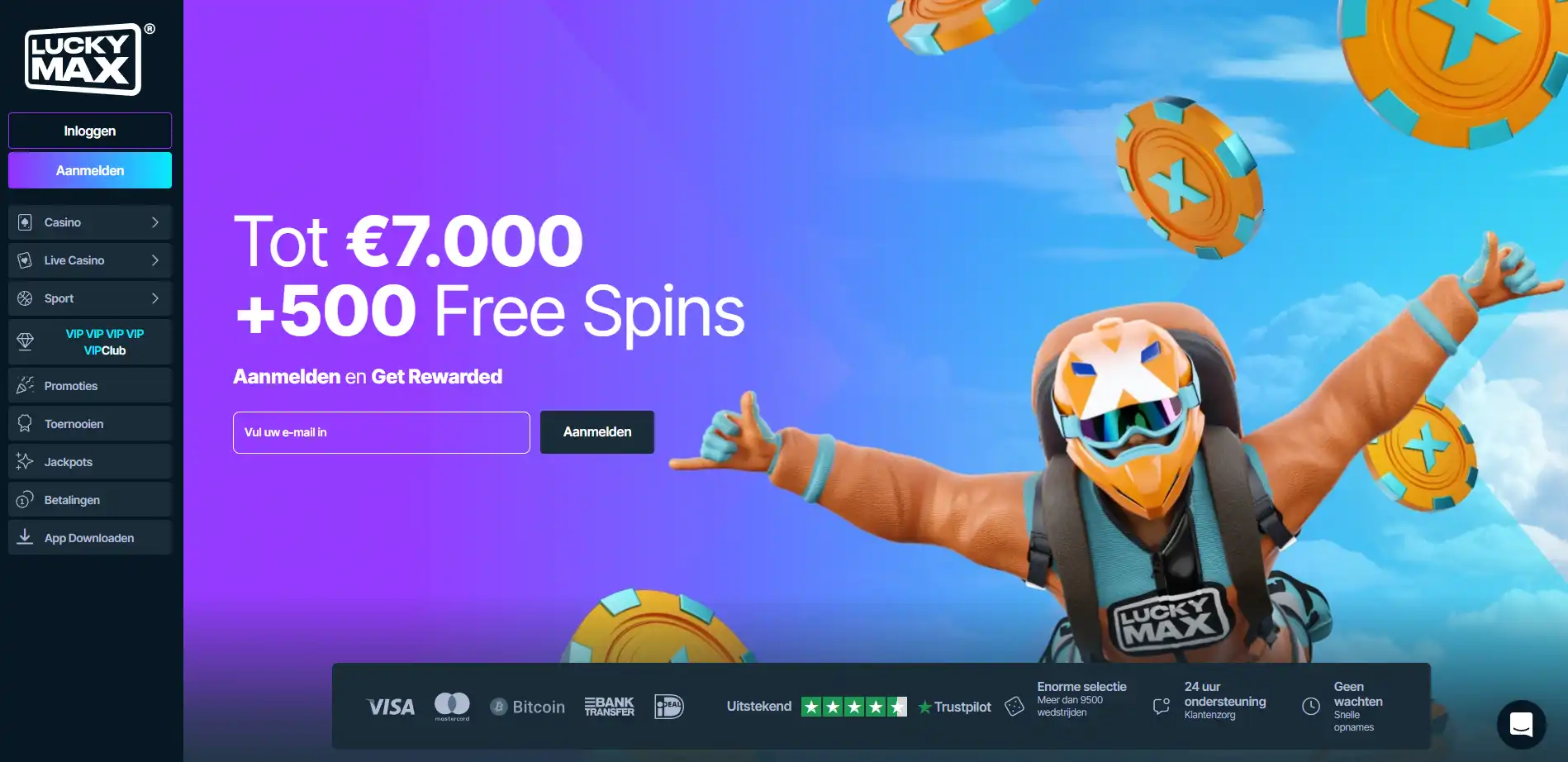 Actuele Lucky Max homepage met casinonavigatie en aanbod