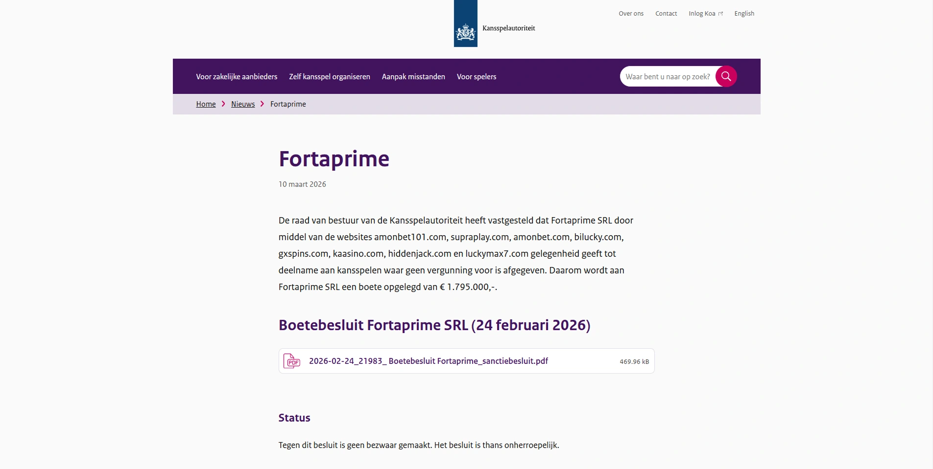 Ksa-pagina over Fortaprime en de vermelding van luckymax7.com